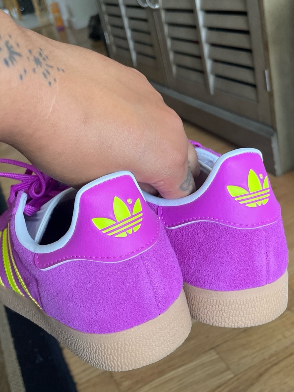 Adidas Gazelle Women’s 6.5 Purple with Neon Yellow Stripes - Picture 3 of 8